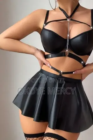 Sexy Chain Halter Neck Bodysuit Skirt Set With Fishnet Stockings
