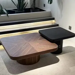 Walnut and Black Dual-Level Pedestal Coffee Tables