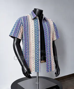 Men's Vintage Short Sleeve Shirt - Blue Striped Casual Shirt