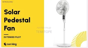 Solar Pedestal Fan With Remote Control Nd Light at the to Front