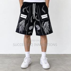 Men's Black Baggy Jean Shorts Graphic Print & White Stripe Streetwear