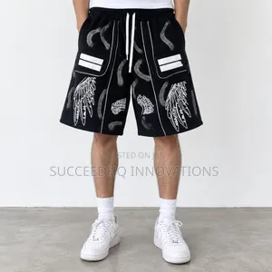 Men's Black Baggy Jean Shorts Graphic Print & White Stripe Streetwear