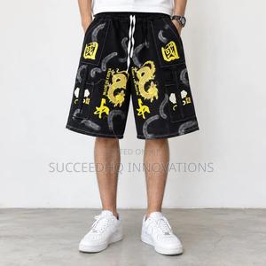 Men's Black Baggy Cargo Shorts Dragon Graphic Print Streetwear
