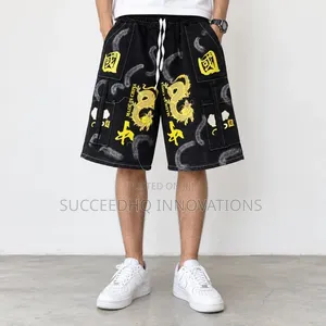 Men's Black Baggy Cargo Shorts Dragon Graphic Print Streetwear