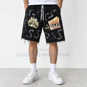 Men's Black Baggy Jean Shorts Print & Distressed Streetwear Jorts
