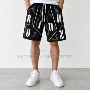 Men's Black Baggy Jean Shorts – Gothic Print & Yellow Streetwear