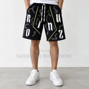 Men's Black Baggy Jean Shorts – Gothic Print & Yellow Streetwear