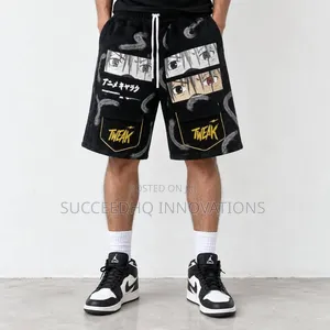 Men's Black Baggy Shorts Anime Graphic Print & TWEAK Pocket Streetwear