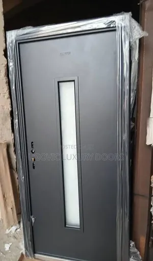 3ft Charcoal Gray Steel Security Entrance With Frosted Glass