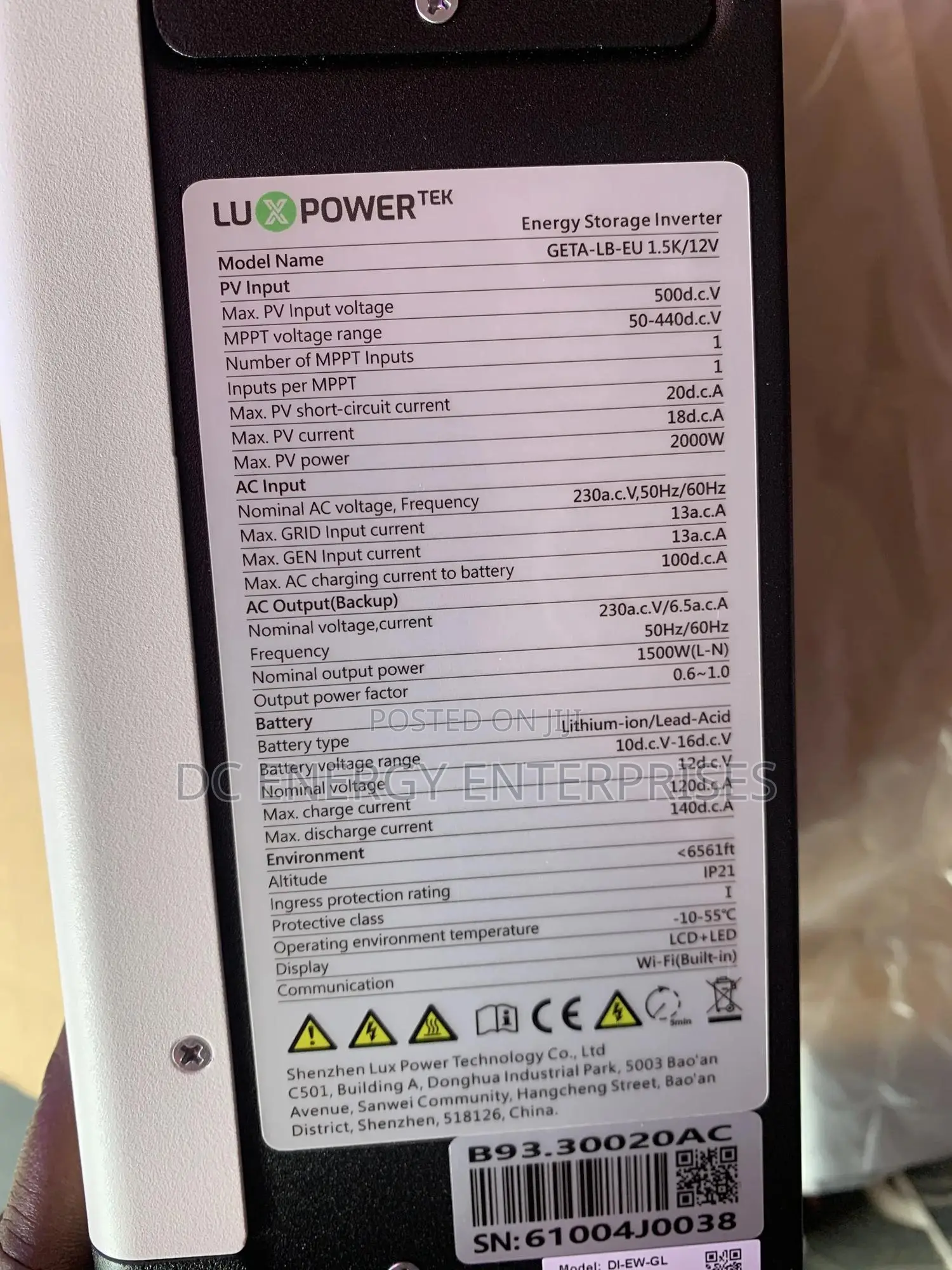 1.5kva Luxpower Tek Hybrid Inverter 12v