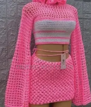 Handmade Crochet Mini Dress + Ruffle Hat Set - Pink & White
