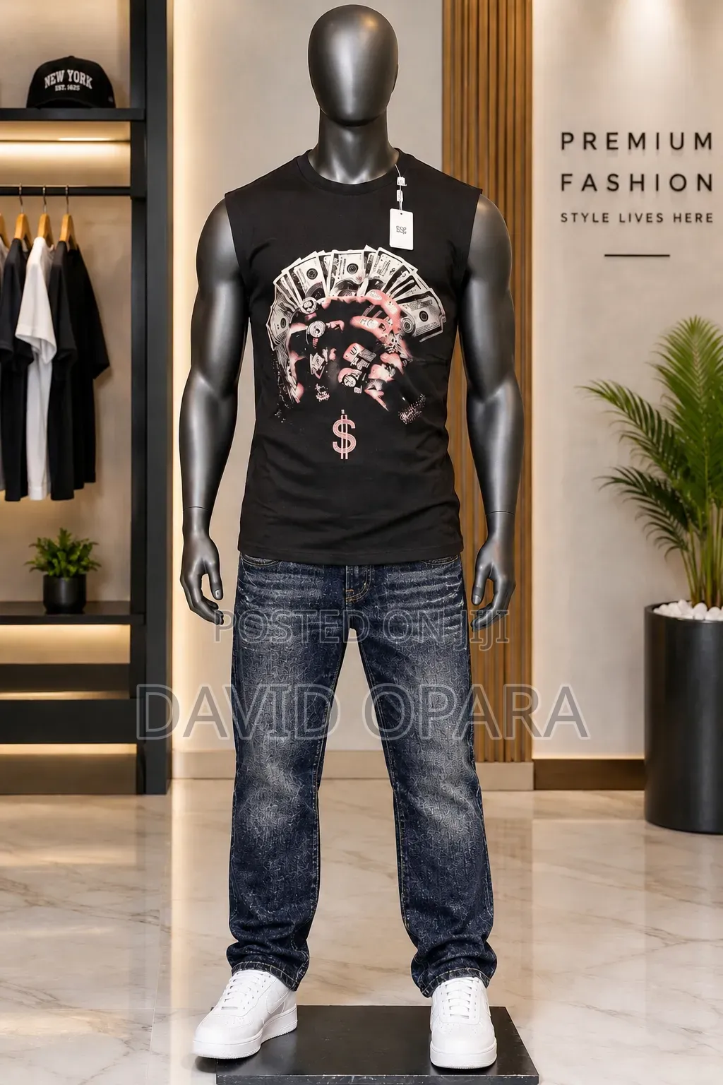 Sleeveless Tee / Denim Cargo Jeans