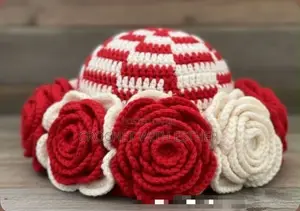 Crochet Rose Hat - Handmade Checkered Beanie