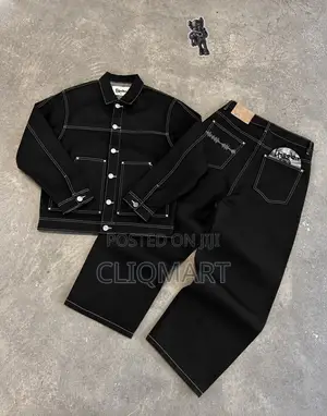 Contrast-Stitch Denim Jacket & Wide-Leg Trouser Set