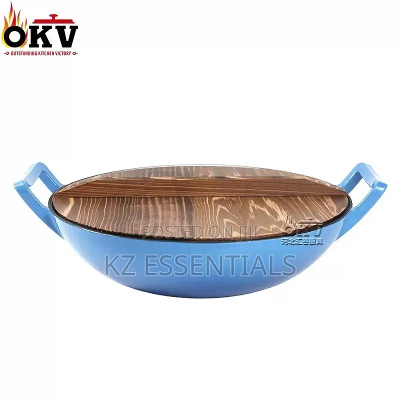 36cm Enamel Cast Iron Wok With Wooden Lid