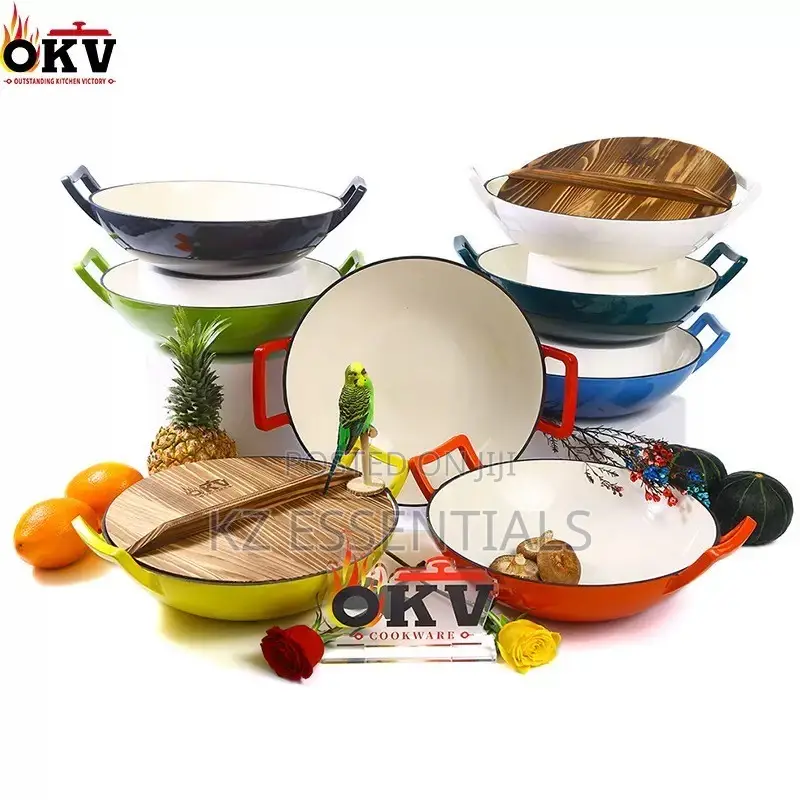 36cm Enamel Cast Iron Wok With Wooden Lid