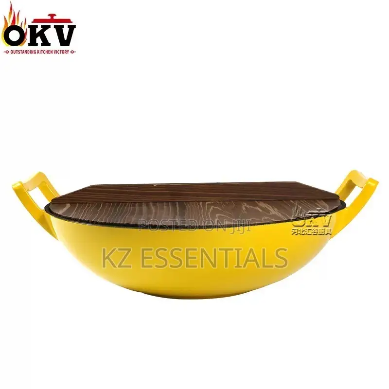 36cm Enamel Cast Iron Wok With Wooden Lid