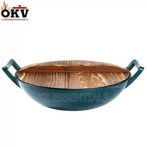 36cm Enamel Cast Iron Wok With Wooden Lid