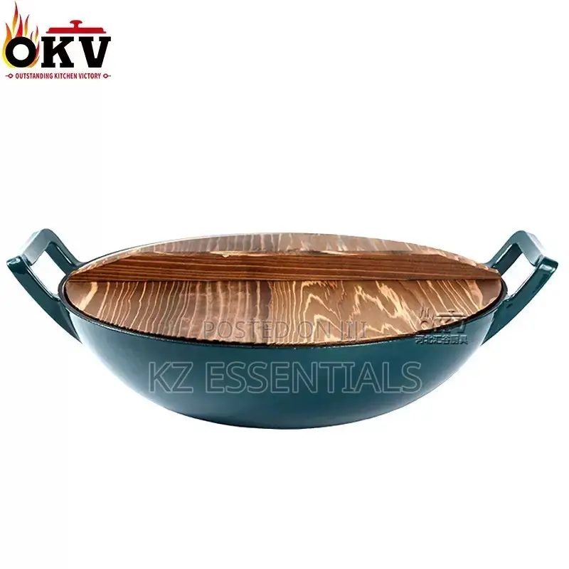36cm Enamel Cast Iron Wok With Wooden Lid
