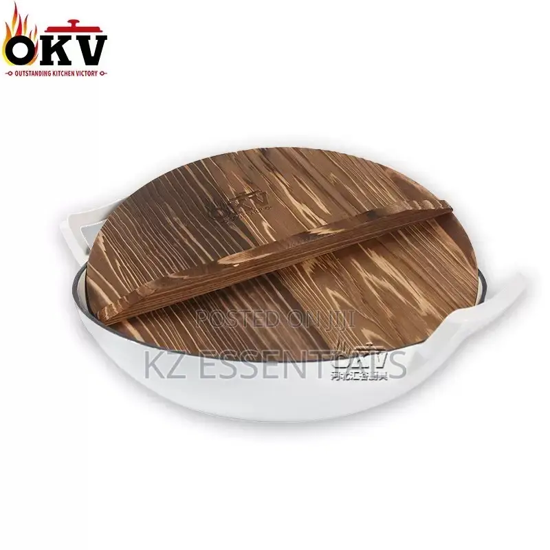 36cm Enamel Cast Iron Wok With Wooden Lid