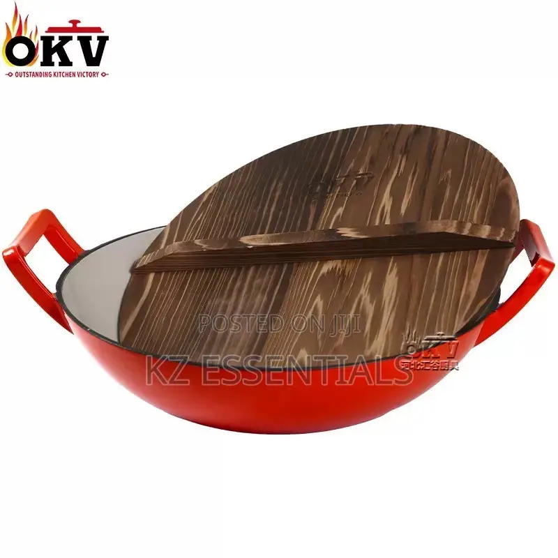 36cm Enamel Cast Iron Wok With Wooden Lid