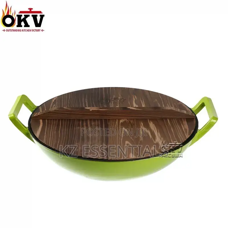 36cm Enamel Cast Iron Wok With Wooden Lid