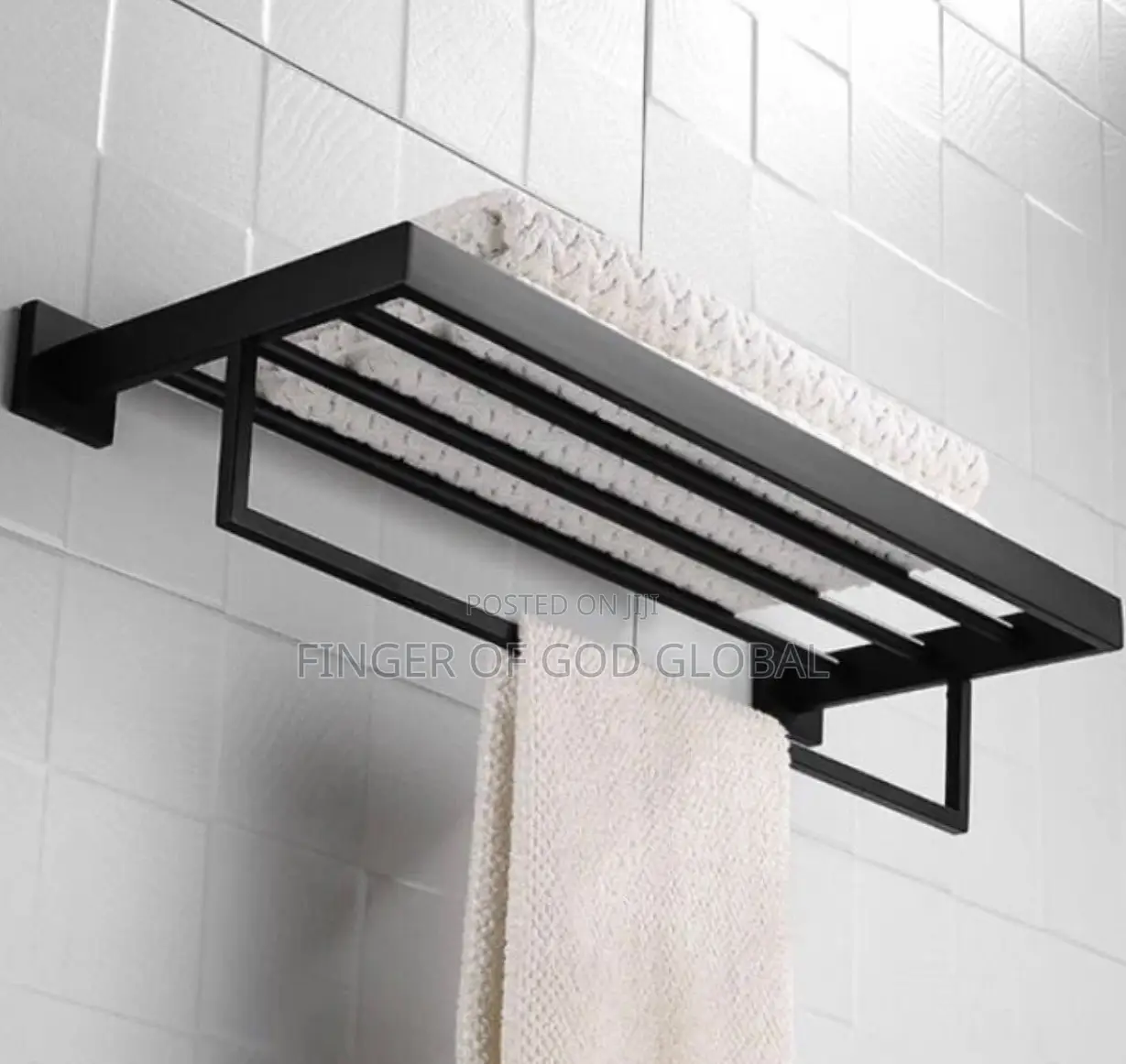 Black Wall-Mounted Bathroom Towel Rack With Shelf