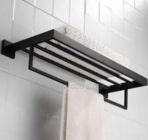 Black Wall-Mounted Bathroom Towel Rack With Shelf