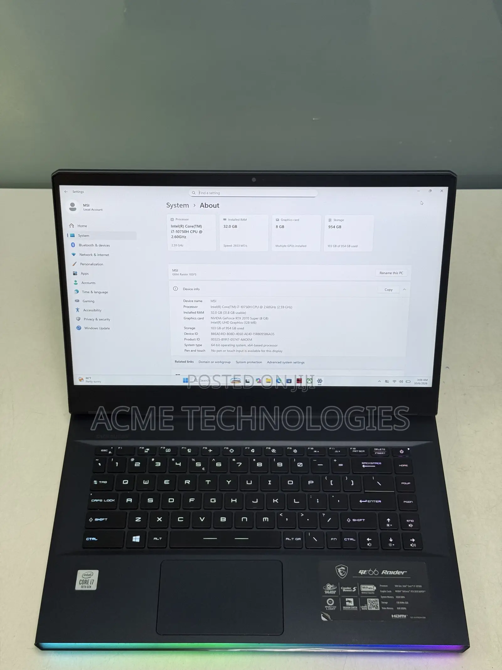 Laptop MSI GE66 Raider 32GB Intel Core i7 SSD 1T