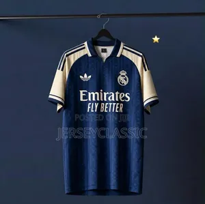 Real Madrid Navy Blue Retro Football Jersey – Cream Edition