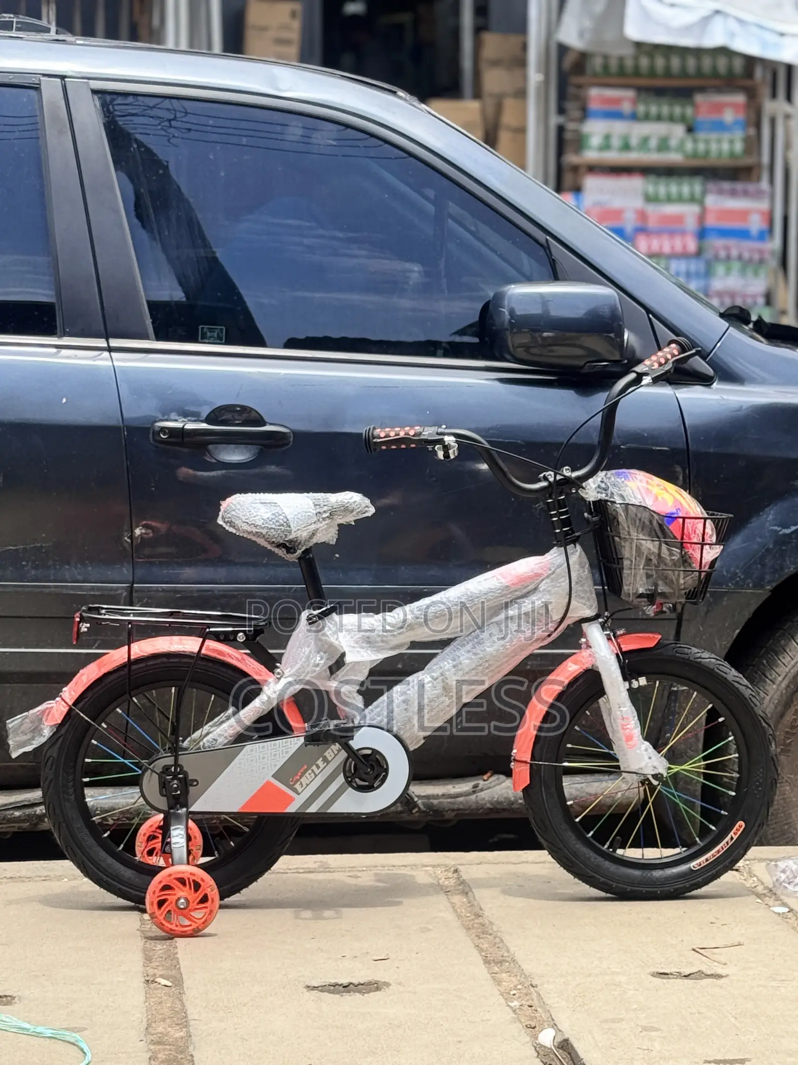 New Children's BMX-style Bicycle With Training Wheels and Front Basket