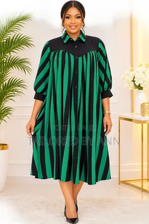 Elegant Green & Black Striped Shirt Dress for Women