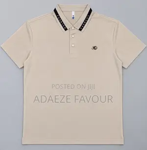 Men’s Beige Polo Shirt With Black Collar Detail and Gold Chest Logo