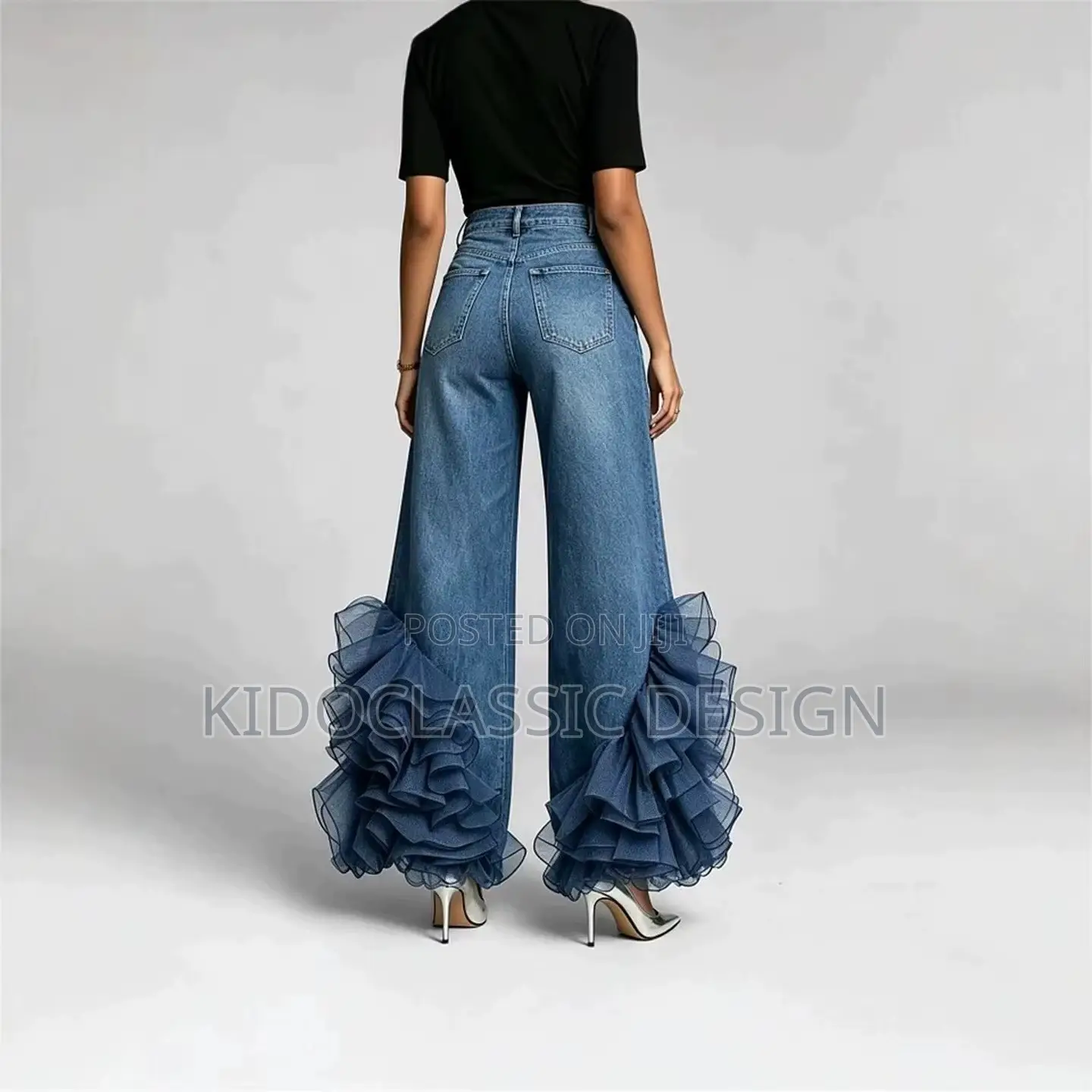 Womens Ruffle Denim Jeans Pants