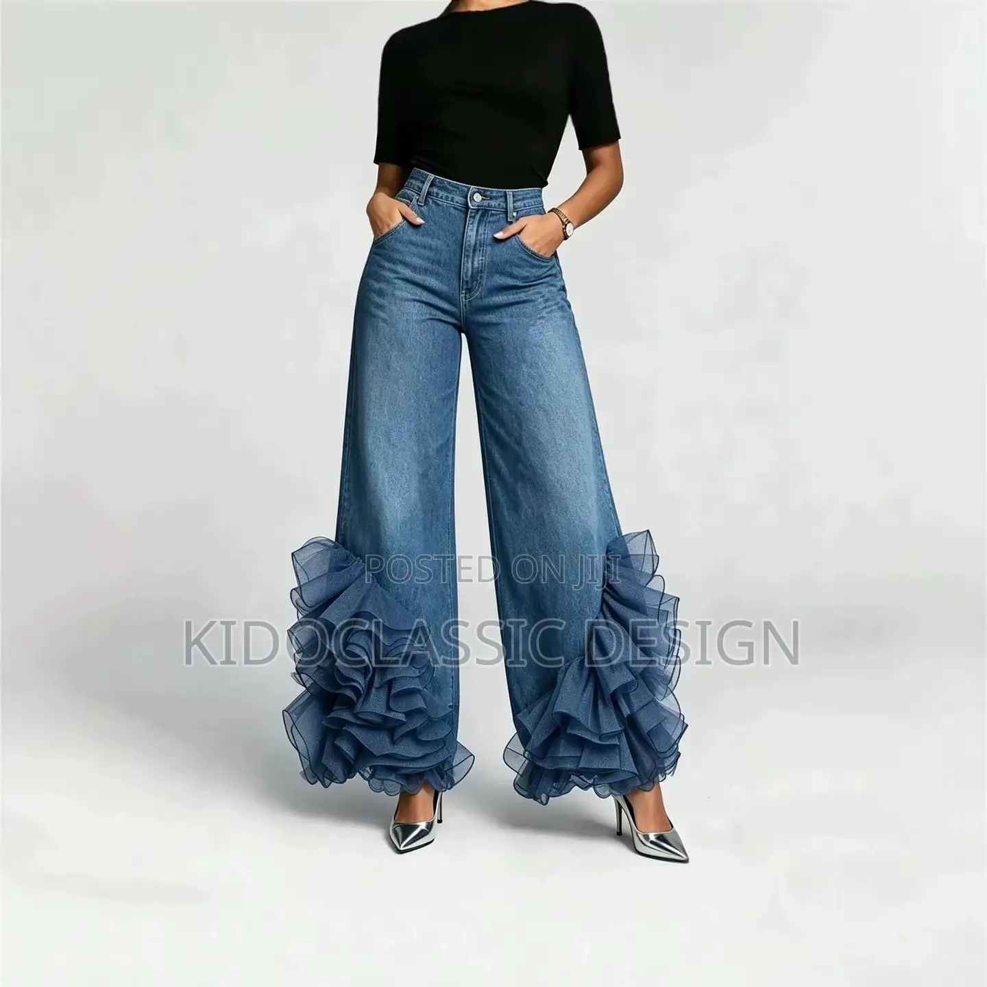 Womens Ruffle Denim Jeans Pants