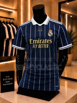 Real Madrid Navy Blue Pinstripe Polo Jersey – Classic Football Shirt