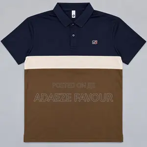 Men’s Navy Blue, Cream and Brown Colour-Block Short Sleeve Polo Shirt