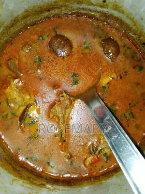 Fresh Ogbono Draw Soup With Chicken, Pomo, Stock Fish