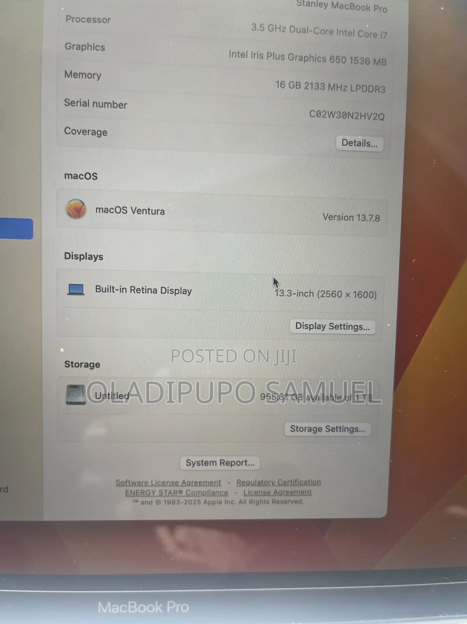Laptop Apple MacBook Pro 2017 16GB Intel Core i7 SSD 1T