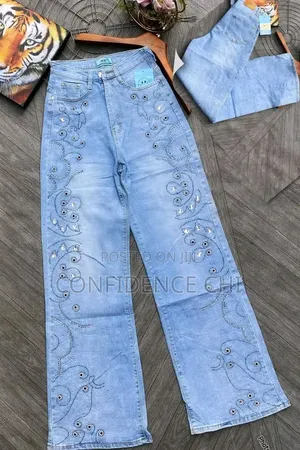 Designer Rhinestone Wide-Leg Jean- Blue- Size30-34