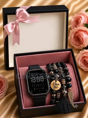 Unisex Watch & Bracelet Gift Box Set - Black - I Love You