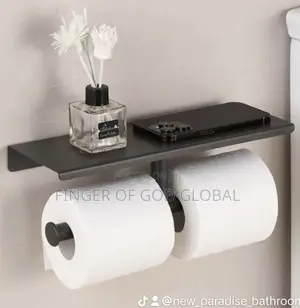 Black Double Toilet Paper Holder With Shelf