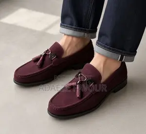 Men’s Burgundy Suede Tassel Loafers With Metal Detail and Black Sole