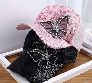 Luxury Butterfly Sequin Face Cap - Pink & Black
