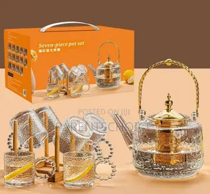 Transparent Amber Wave Lines 7 Piece Glass Tea Pot Cup Set
