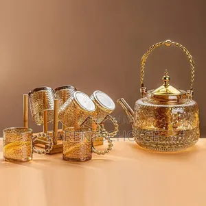 Transparent Amber Wave Lines 7 Piece Glass Tea Pot Cup Set