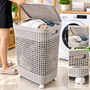Rolling Woven Laundry Hamper WTH Pull Handle & Lid