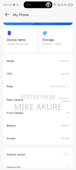 Tecno Spark 30C 128 GB White