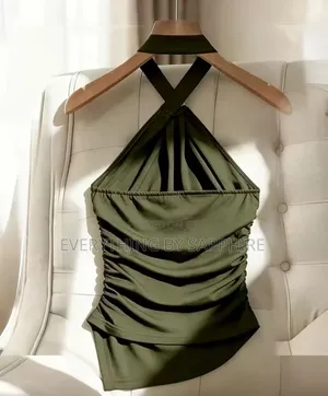 Olive Green Halter Neck Top With Gold Clasp- Classy Party Top