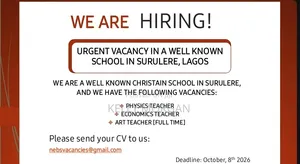 Physics Teacher, Economics Teache & Art Teacher Needed